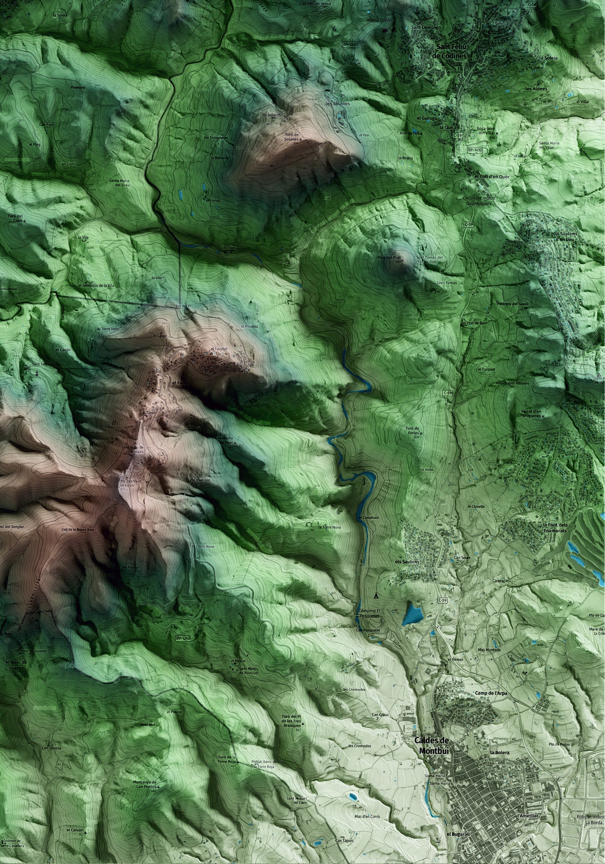 Mapa artístico del relieve de Gallifa, al Vallès Occidental, con 15 km de entorno y base topográfica ICGC. Detalle de la zona inferior derecha.