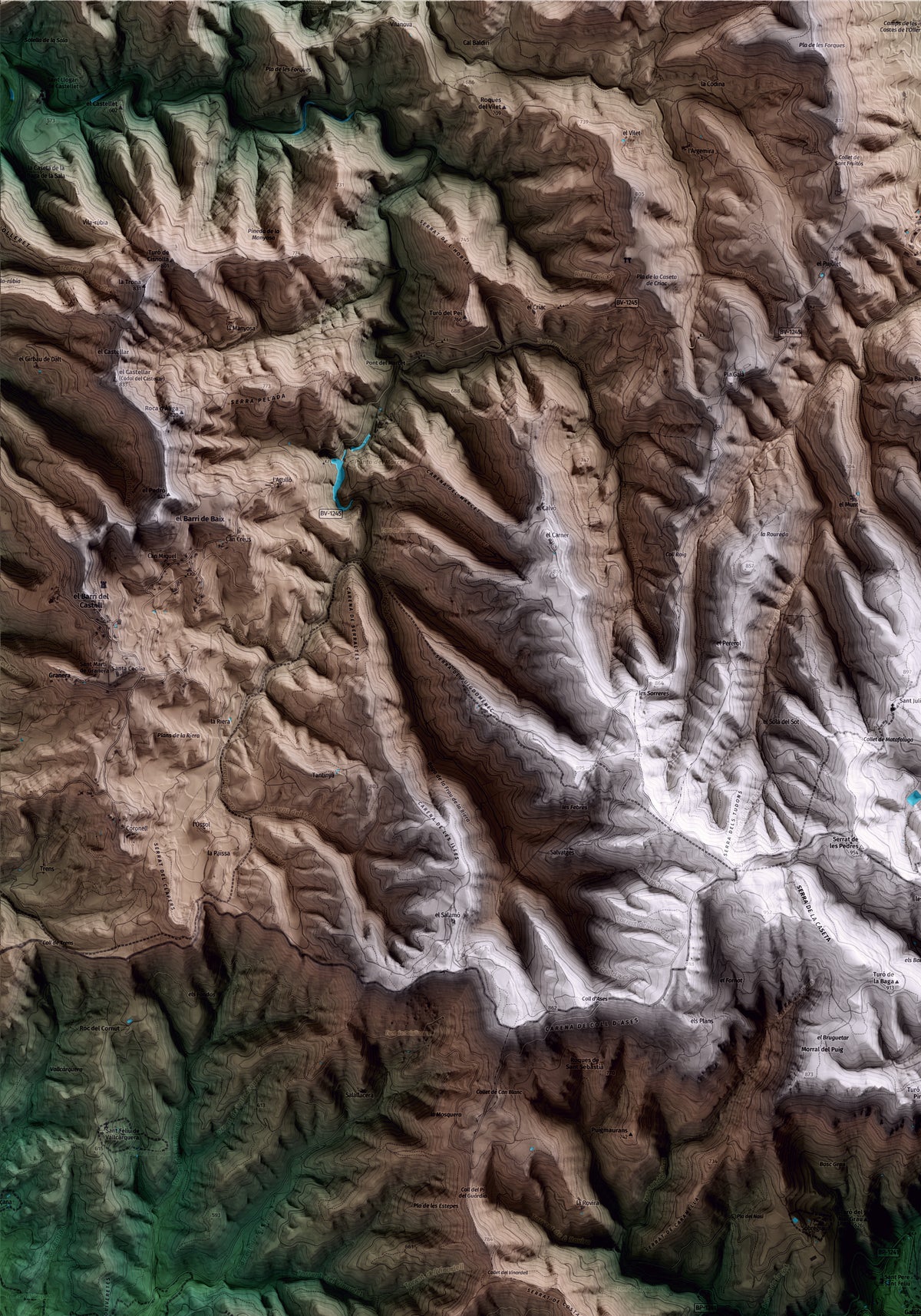 Mapa artístico del relieve de Gallifa, al Vallès Occidental, con 15 km de entorno y base topográfica ICGC. Detalle de la zona superior izquierda.