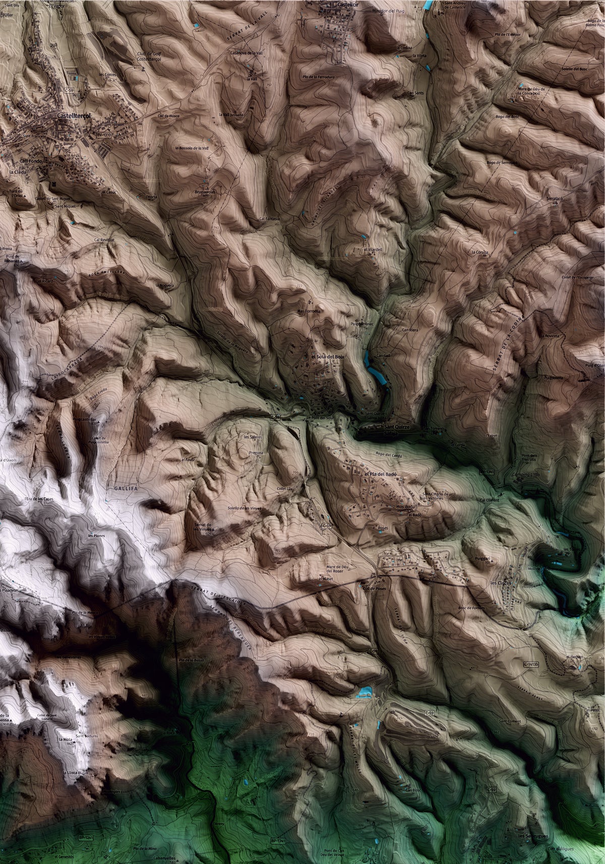 Mapa artístico del relieve de Gallifa, al Vallès Occidental, con 15 km de entorno y base topográfica ICGC. Detalle de la zona superior derecha.