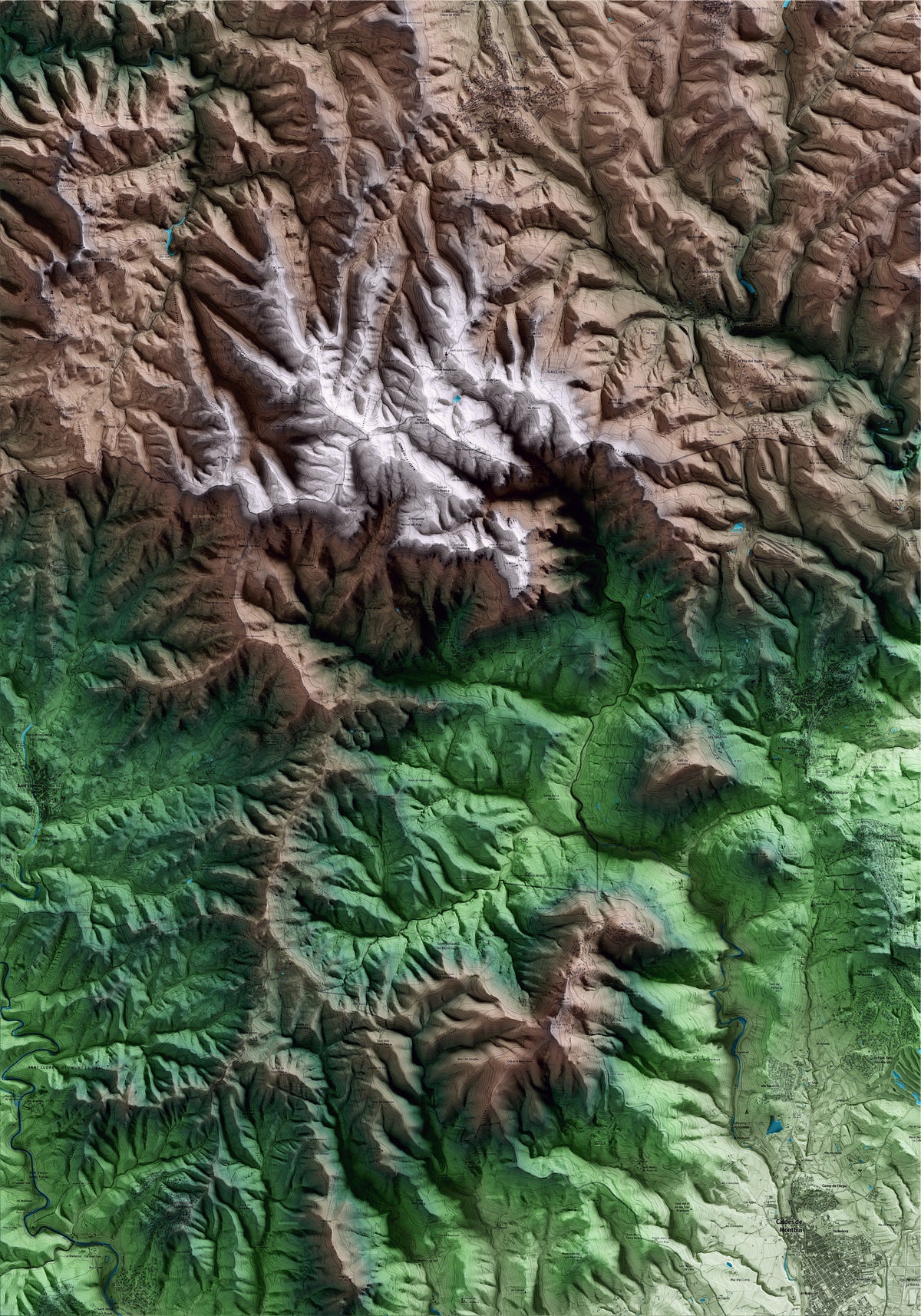Mapa artístico del relieve de Gallifa, al Vallès Occidental, con 15 km de entorno y base topográfica ICGC