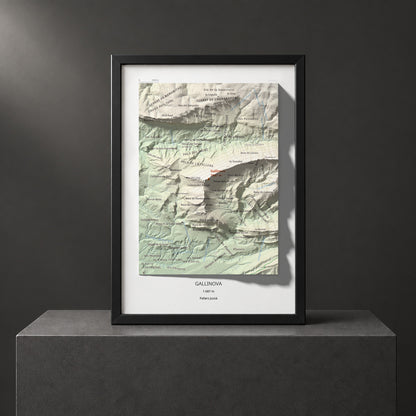 Mapa de relieve de Gallinova, 1687 m, Pallars Jussà, lámina 100 Cims de Trobart. Presentación enmarcada. 21 × 30 cm.