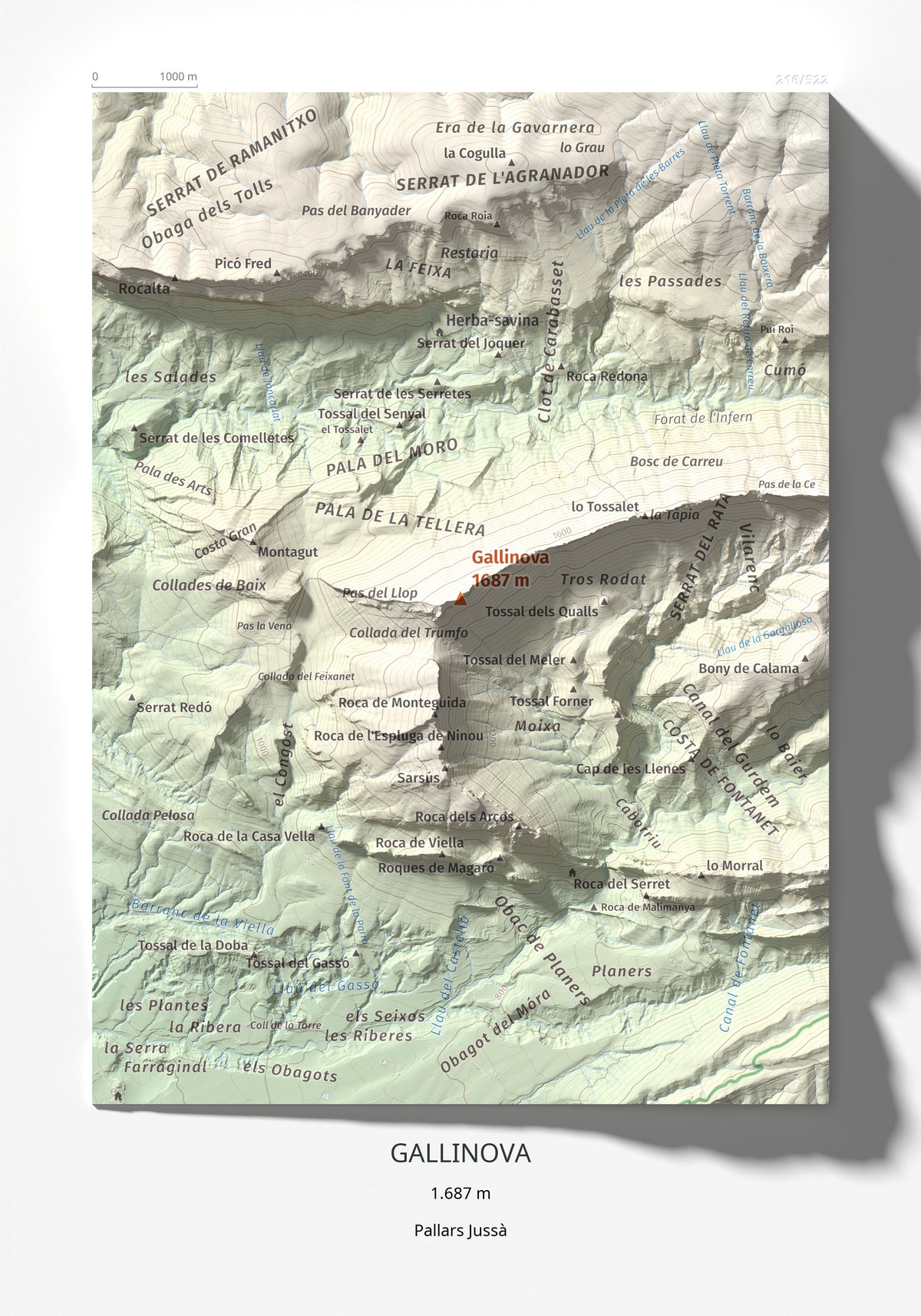 Mapa de relieve de Gallinova, 1687 m, Pallars Jussà, lámina 100 Cims de Trobart 21 × 30 cm.