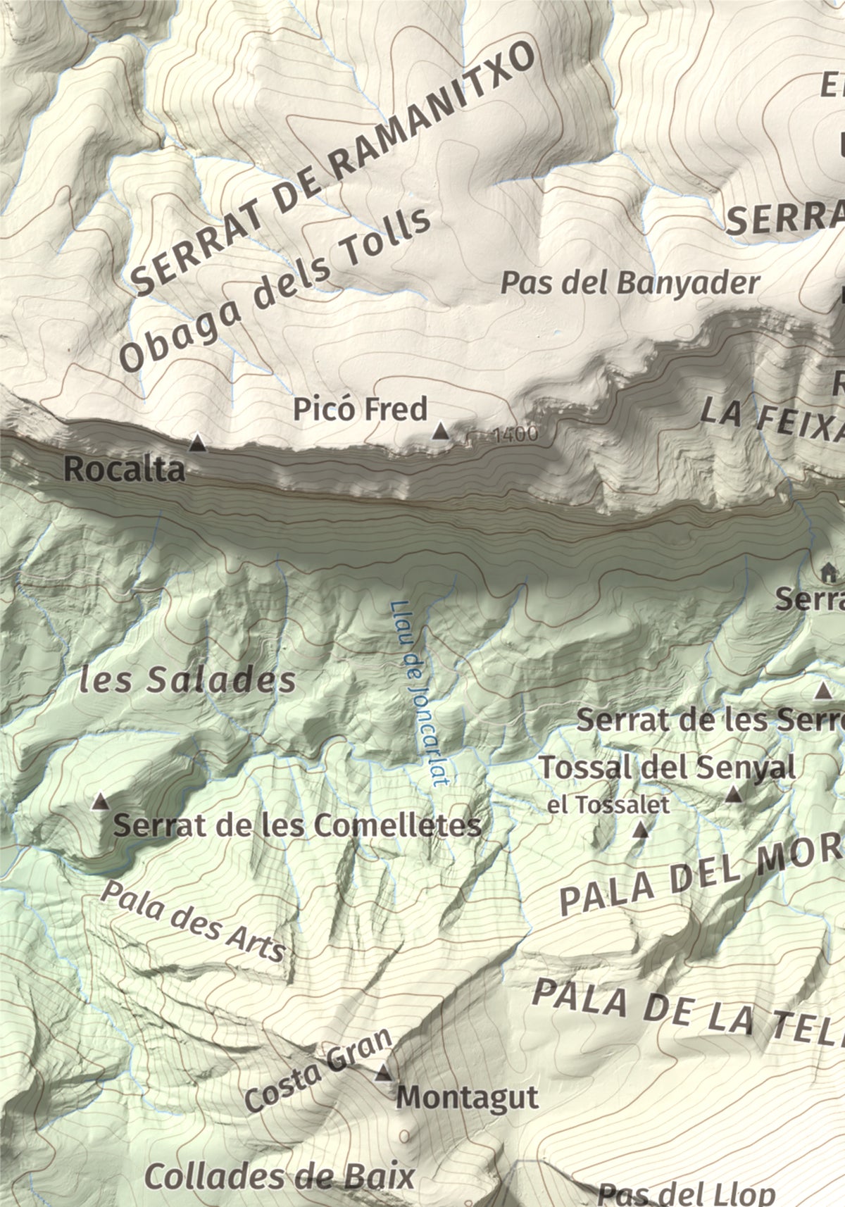 Mapa de relieve de Gallinova, 1687 m, Pallars Jussà, lámina 100 Cims de Trobart. Detalle de la zona superior izquierda. 21 × 30 cm.