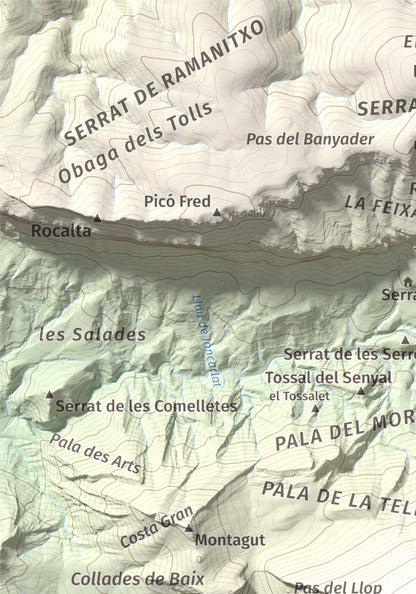 Mapa de relieve de Gallinova, 1687 m, Pallars Jussà, lámina 100 Cims de Trobart. Detalle de la zona superior izquierda. 21 × 30 cm.