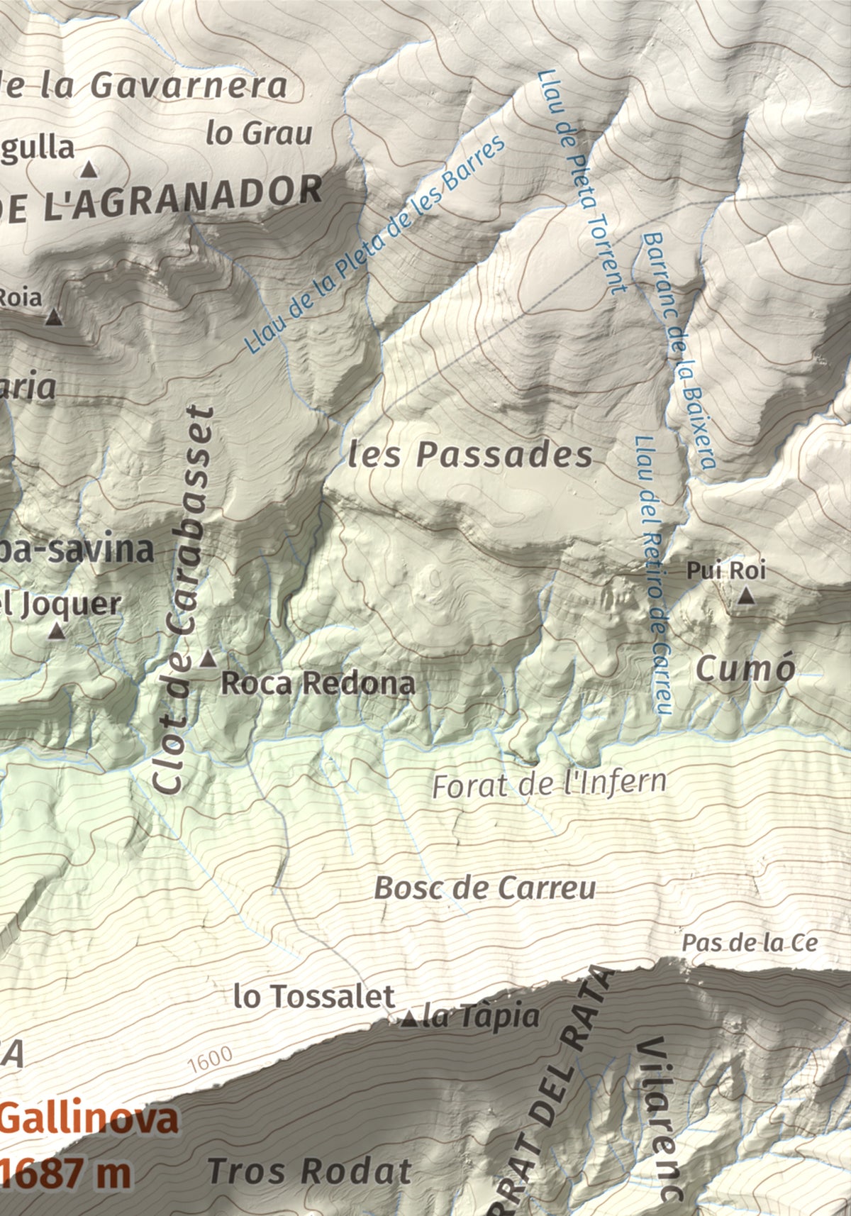 Mapa de relieve de Gallinova, 1687 m, Pallars Jussà, lámina 100 Cims de Trobart. Detalle de la zona superior derecha. 21 × 30 cm.