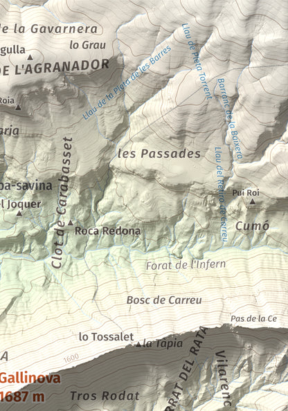 Mapa de relieve de Gallinova, 1687 m, Pallars Jussà, lámina 100 Cims de Trobart. Detalle de la zona superior derecha. 21 × 30 cm.