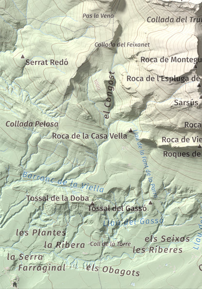 Mapa de relieve de Gallinova, 1687 m, Pallars Jussà, lámina 100 Cims de Trobart. Detalle de la zona inferior izquierda. 21 × 30 cm.