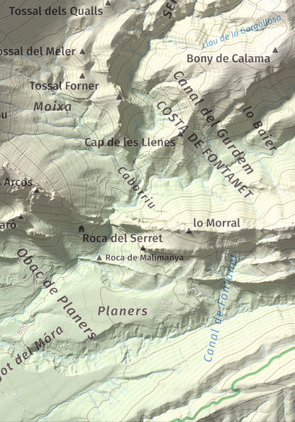 Mapa de relieve de Gallinova, 1687 m, Pallars Jussà, lámina 100 Cims de Trobart. Detalle de la zona inferior derecha. 21 × 30 cm.