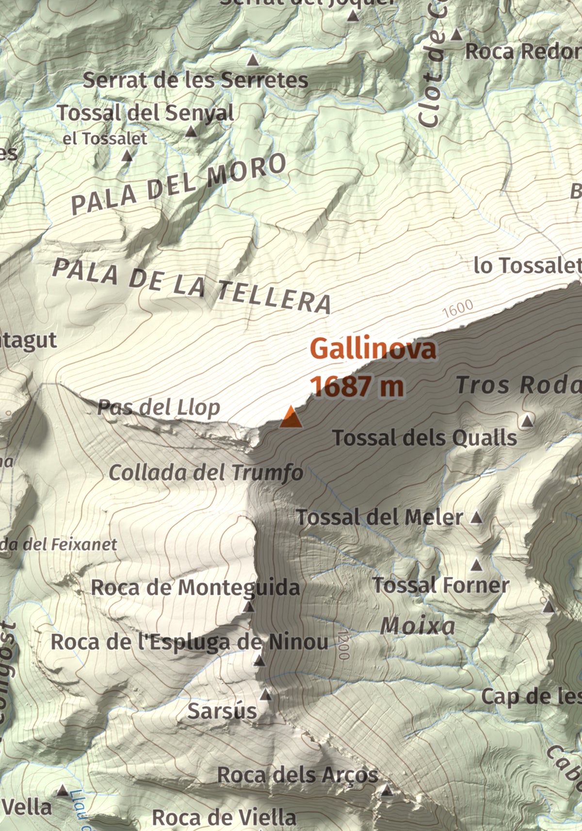 Mapa de relieve de Gallinova, 1687 m, Pallars Jussà, lámina 100 Cims de Trobart. Detalle de la zona central. 21 × 30 cm.