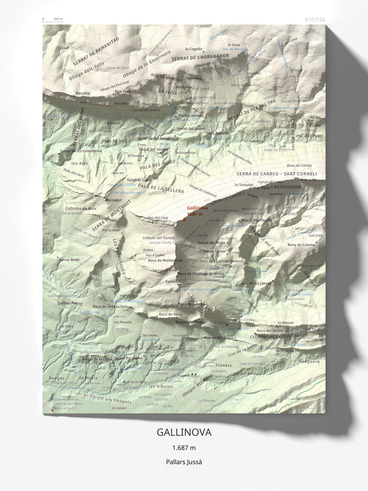 Mapa de relieve de Gallinova, 1687 m, Pallars Jussà, lámina 100 Cims de Trobart 30 × 40 cm.