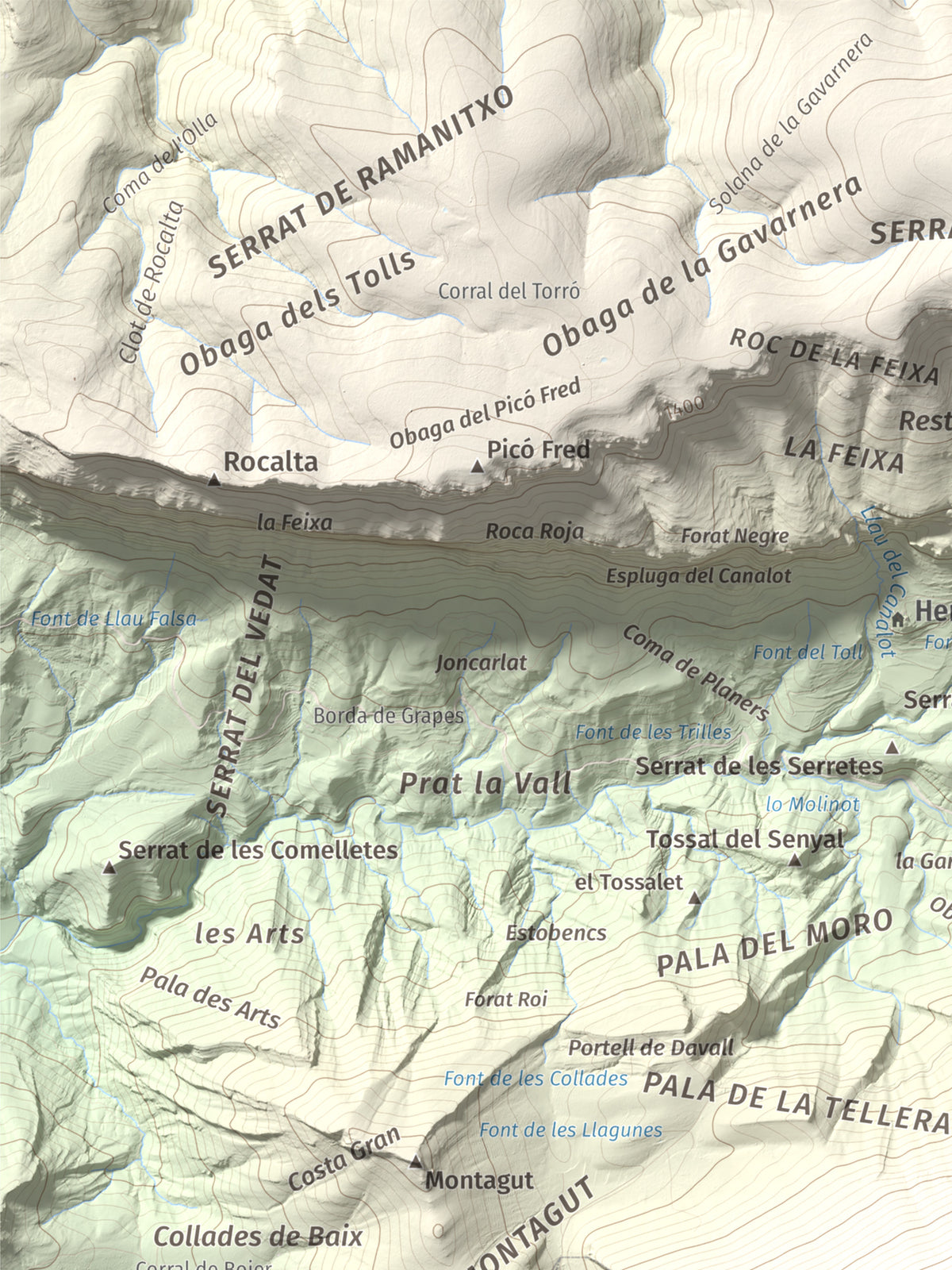 Mapa de relieve de Gallinova, 1687 m, Pallars Jussà, lámina 100 Cims de Trobart. Detalle de la zona superior izquierda. 30 × 40 cm.