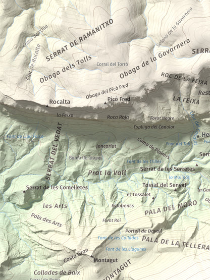 Mapa de relieve de Gallinova, 1687 m, Pallars Jussà, lámina 100 Cims de Trobart. Detalle de la zona superior izquierda. 30 × 40 cm.