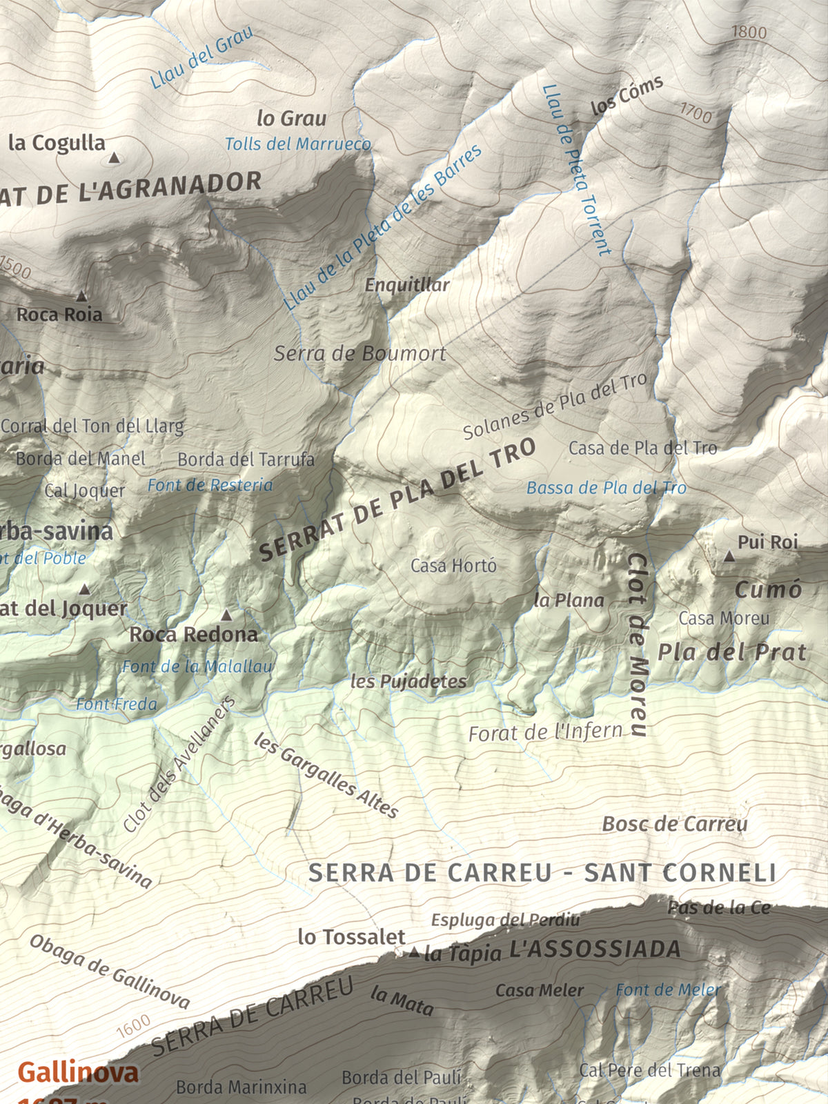 Mapa de relieve de Gallinova, 1687 m, Pallars Jussà, lámina 100 Cims de Trobart. Detalle de la zona superior derecha. 30 × 40 cm.