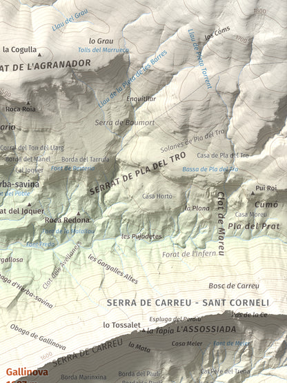 Mapa de relieve de Gallinova, 1687 m, Pallars Jussà, lámina 100 Cims de Trobart. Detalle de la zona superior derecha. 30 × 40 cm.