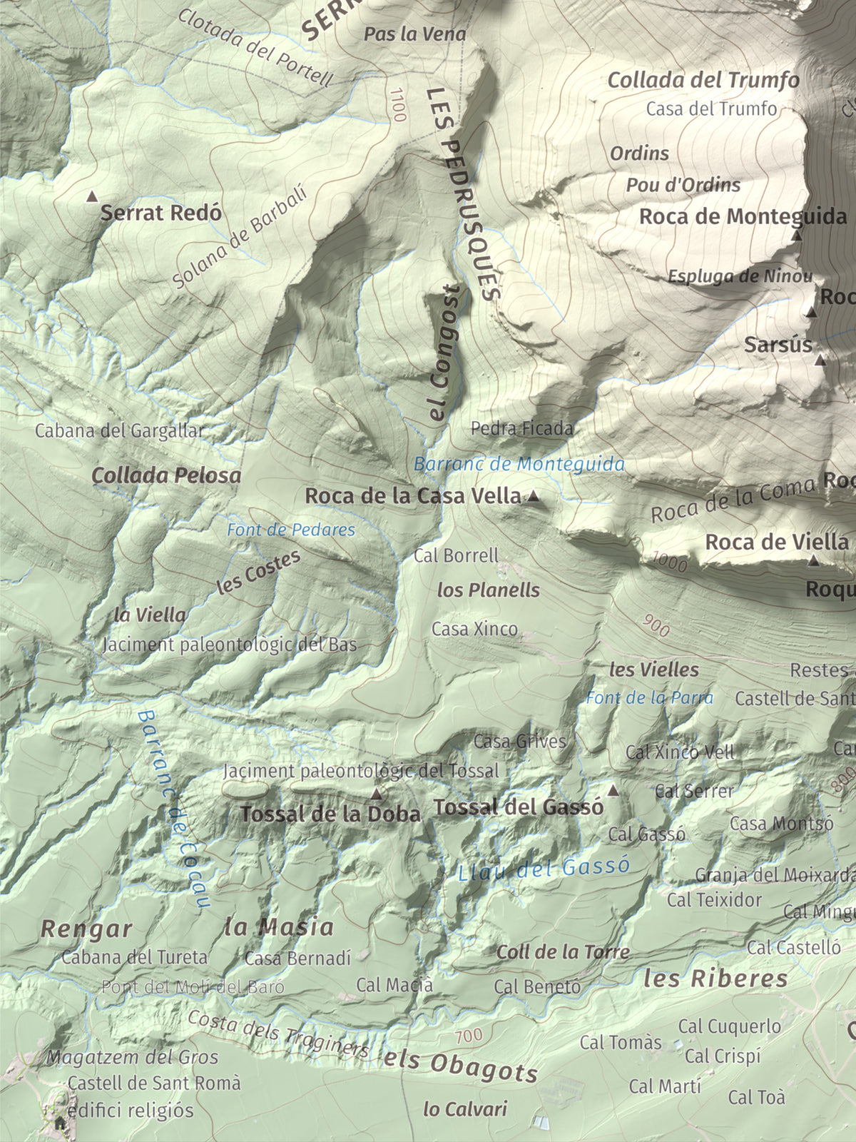 Mapa de relieve de Gallinova, 1687 m, Pallars Jussà, lámina 100 Cims de Trobart. Detalle de la zona inferior izquierda. 30 × 40 cm.
