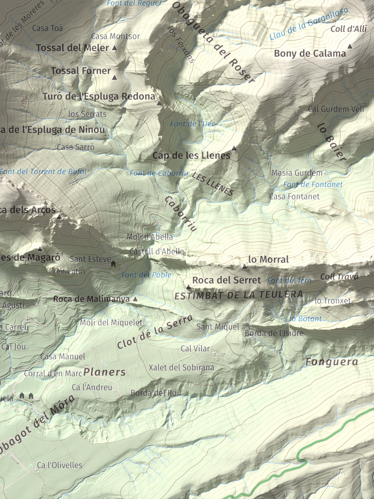 Mapa de relieve de Gallinova, 1687 m, Pallars Jussà, lámina 100 Cims de Trobart. Detalle de la zona inferior derecha. 30 × 40 cm.