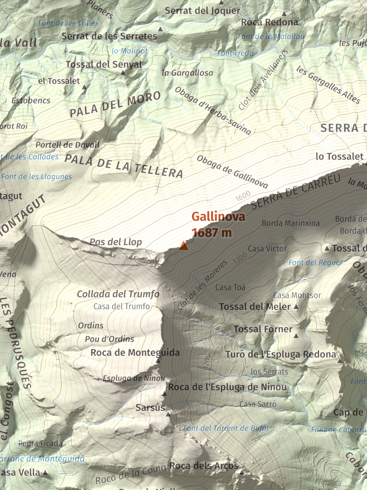Mapa de relieve de Gallinova, 1687 m, Pallars Jussà, lámina 100 Cims de Trobart. Detalle de la zona central. 30 × 40 cm.