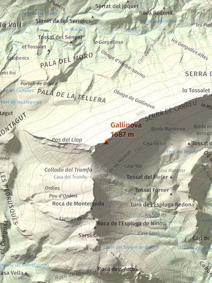 Mapa de relieve de Gallinova, 1687 m, Pallars Jussà, lámina 100 Cims de Trobart. Detalle de la zona central. 30 × 40 cm.
