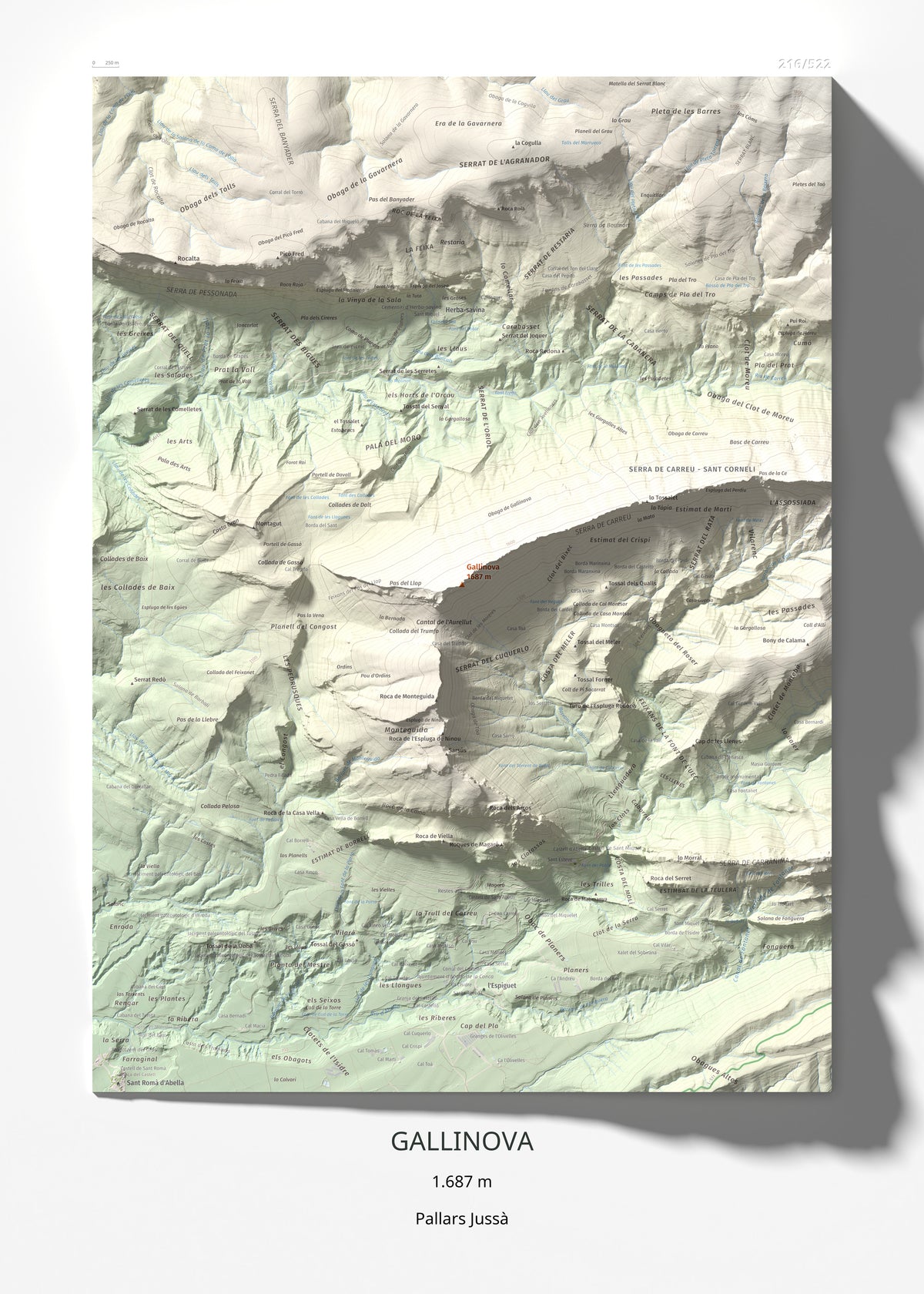 Mapa de relieve de Gallinova, 1687 m, Pallars Jussà, lámina 100 Cims de Trobart 50 × 70 cm.