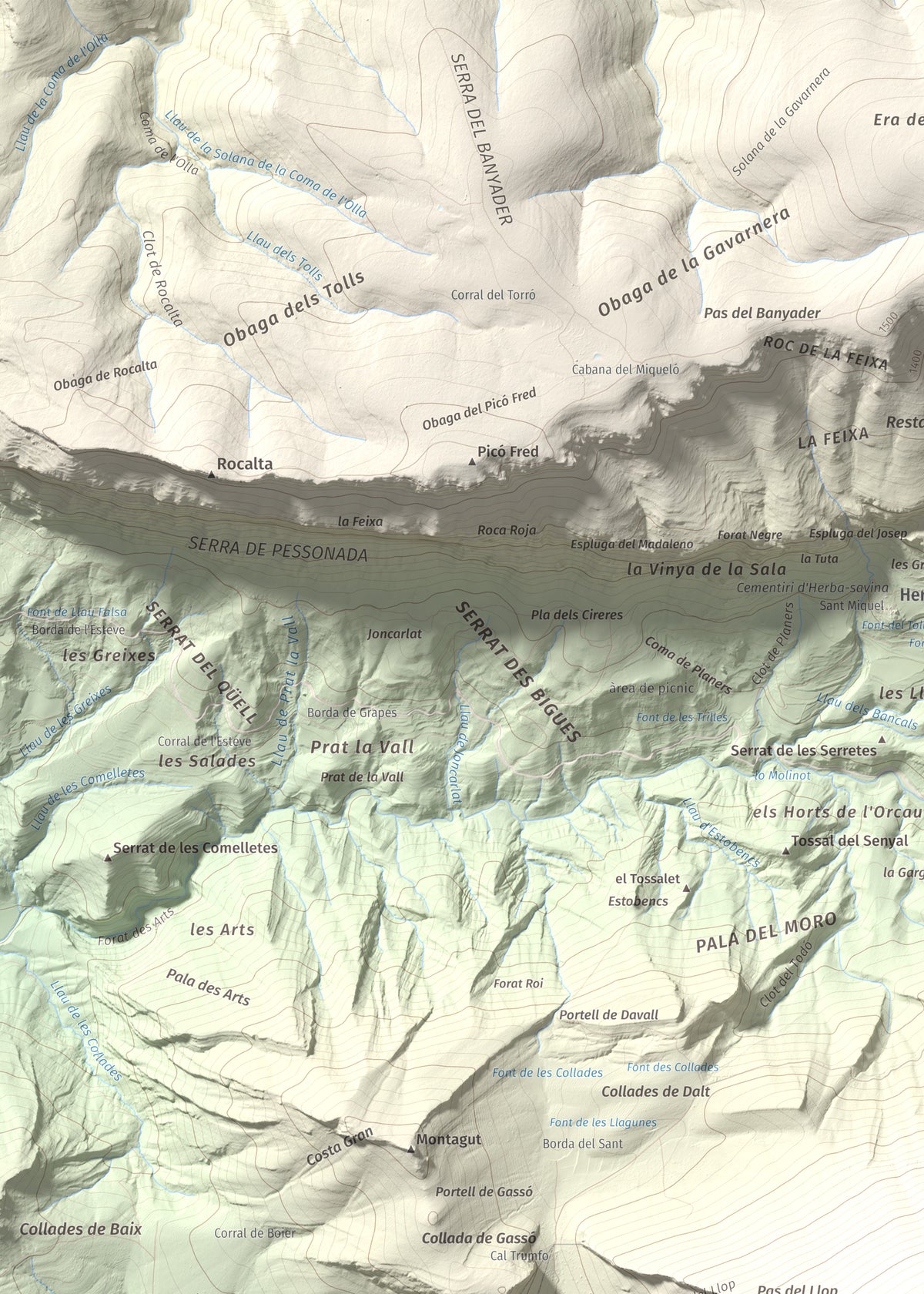 Mapa de relieve de Gallinova, 1687 m, Pallars Jussà, lámina 100 Cims de Trobart. Detalle de la zona superior izquierda. 50 × 70 cm.