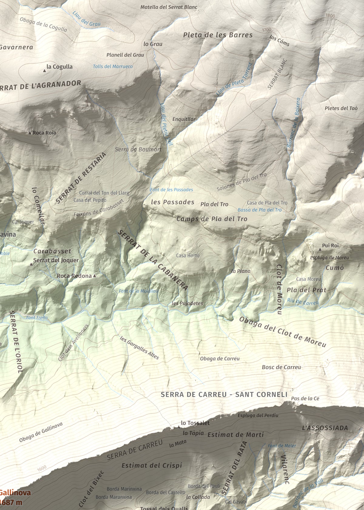 Mapa de relieve de Gallinova, 1687 m, Pallars Jussà, lámina 100 Cims de Trobart. Detalle de la zona superior derecha. 50 × 70 cm.