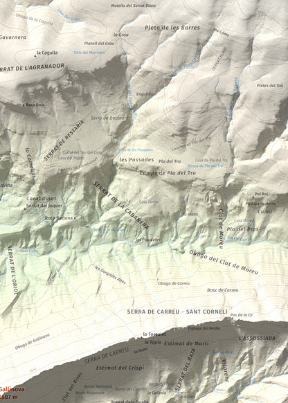 Mapa de relieve de Gallinova, 1687 m, Pallars Jussà, lámina 100 Cims de Trobart. Detalle de la zona superior derecha. 50 × 70 cm.
