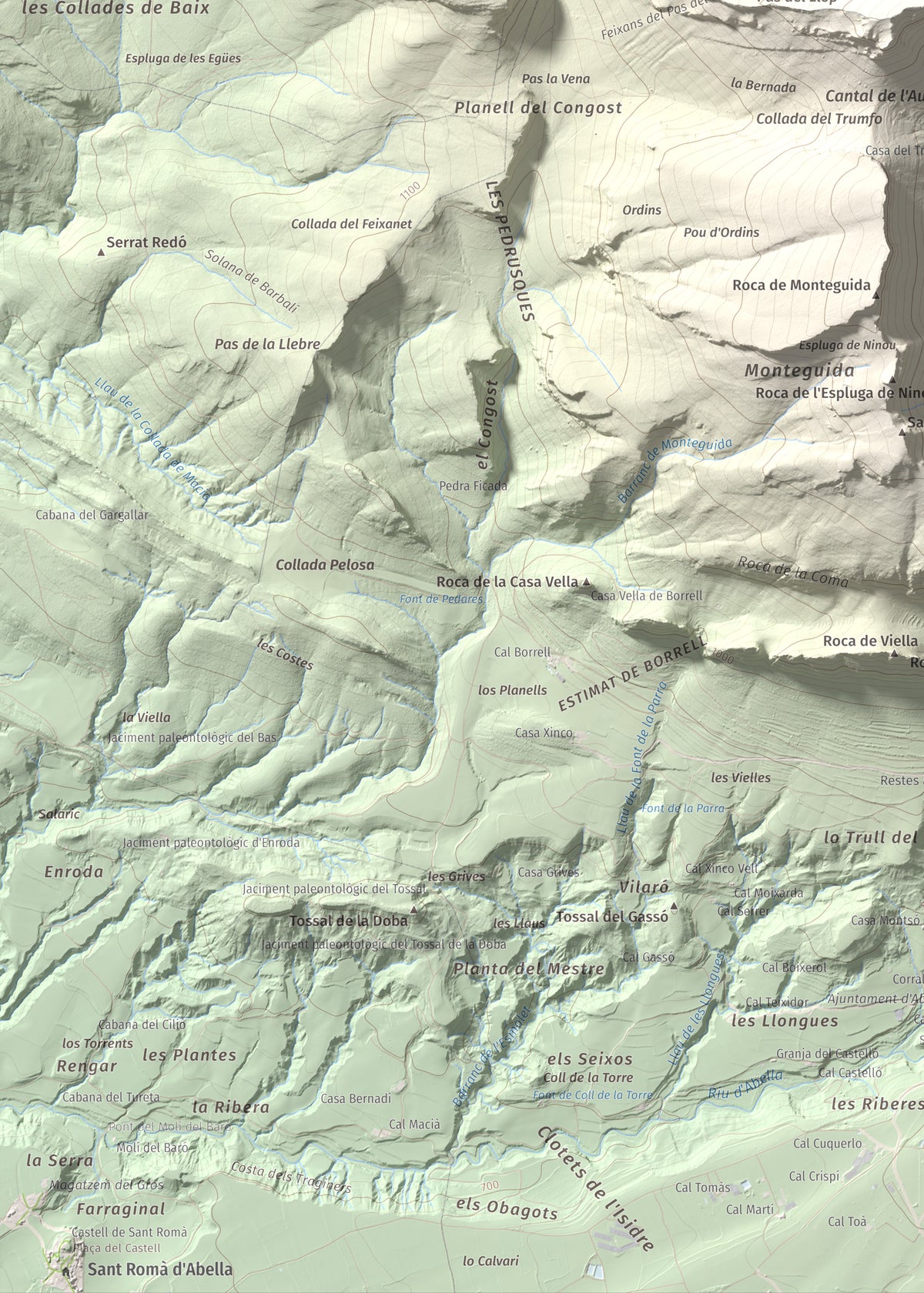 Mapa de relieve de Gallinova, 1687 m, Pallars Jussà, lámina 100 Cims de Trobart. Detalle de la zona inferior izquierda. 50 × 70 cm.