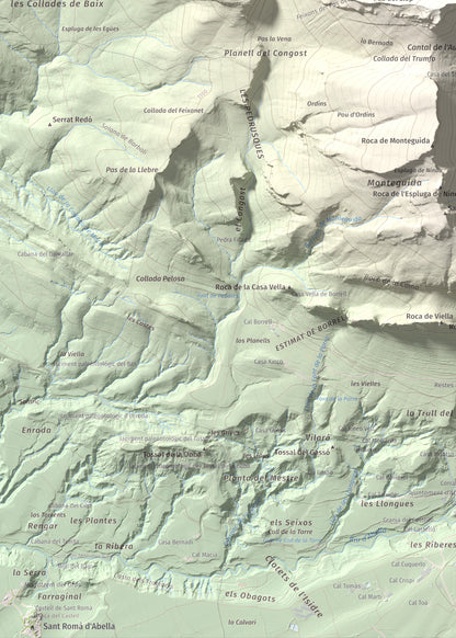 Mapa de relieve de Gallinova, 1687 m, Pallars Jussà, lámina 100 Cims de Trobart. Detalle de la zona inferior izquierda. 50 × 70 cm.