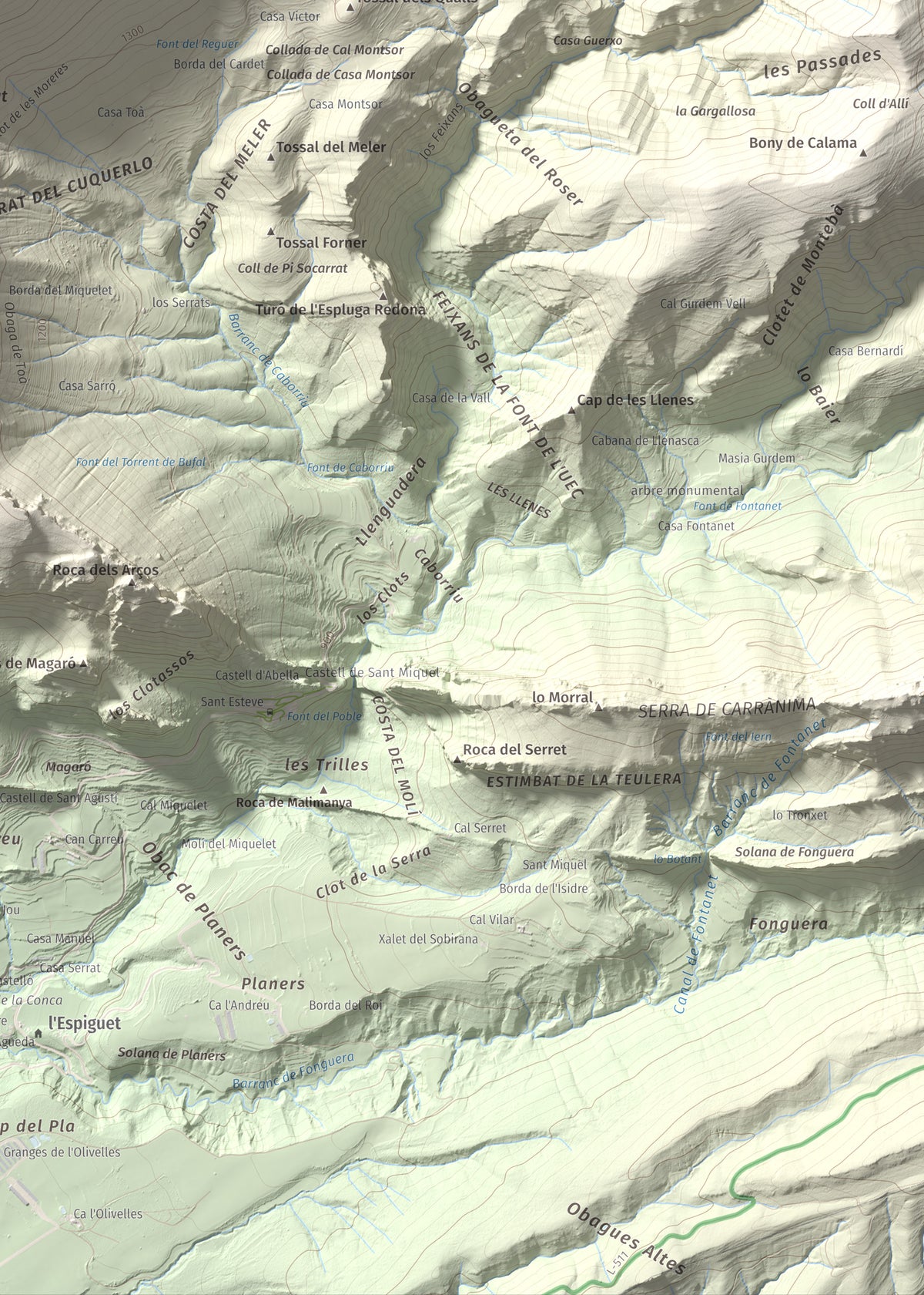 Mapa de relieve de Gallinova, 1687 m, Pallars Jussà, lámina 100 Cims de Trobart. Detalle de la zona inferior derecha. 50 × 70 cm.