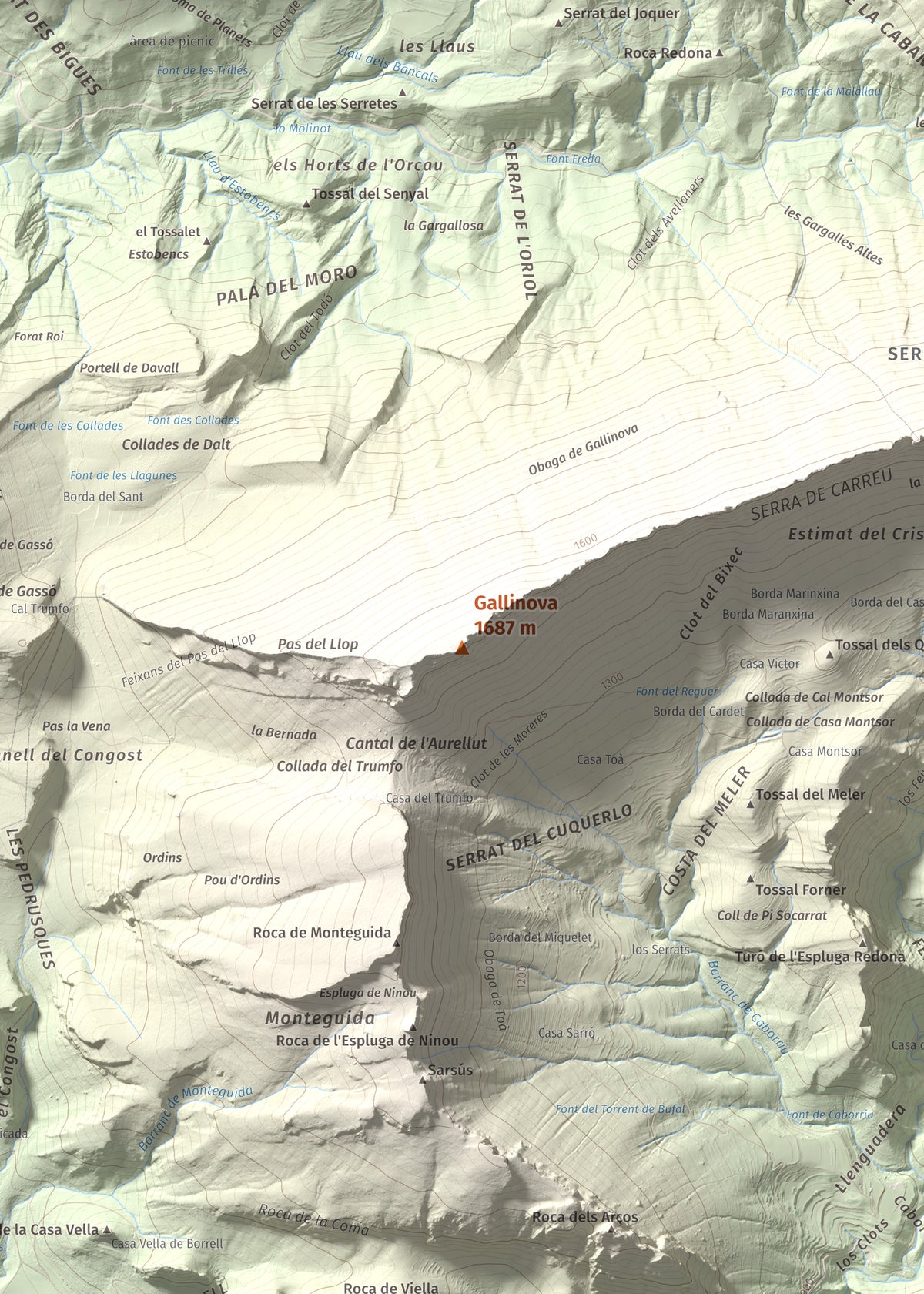 Mapa de relieve de Gallinova, 1687 m, Pallars Jussà, lámina 100 Cims de Trobart. Detalle de la zona central. 50 × 70 cm.
