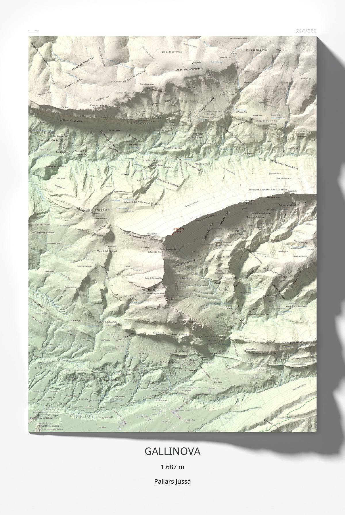 Mapa de relieve de Gallinova, 1687 m, Pallars Jussà, lámina 100 Cims de Trobart 61 × 91 cm.