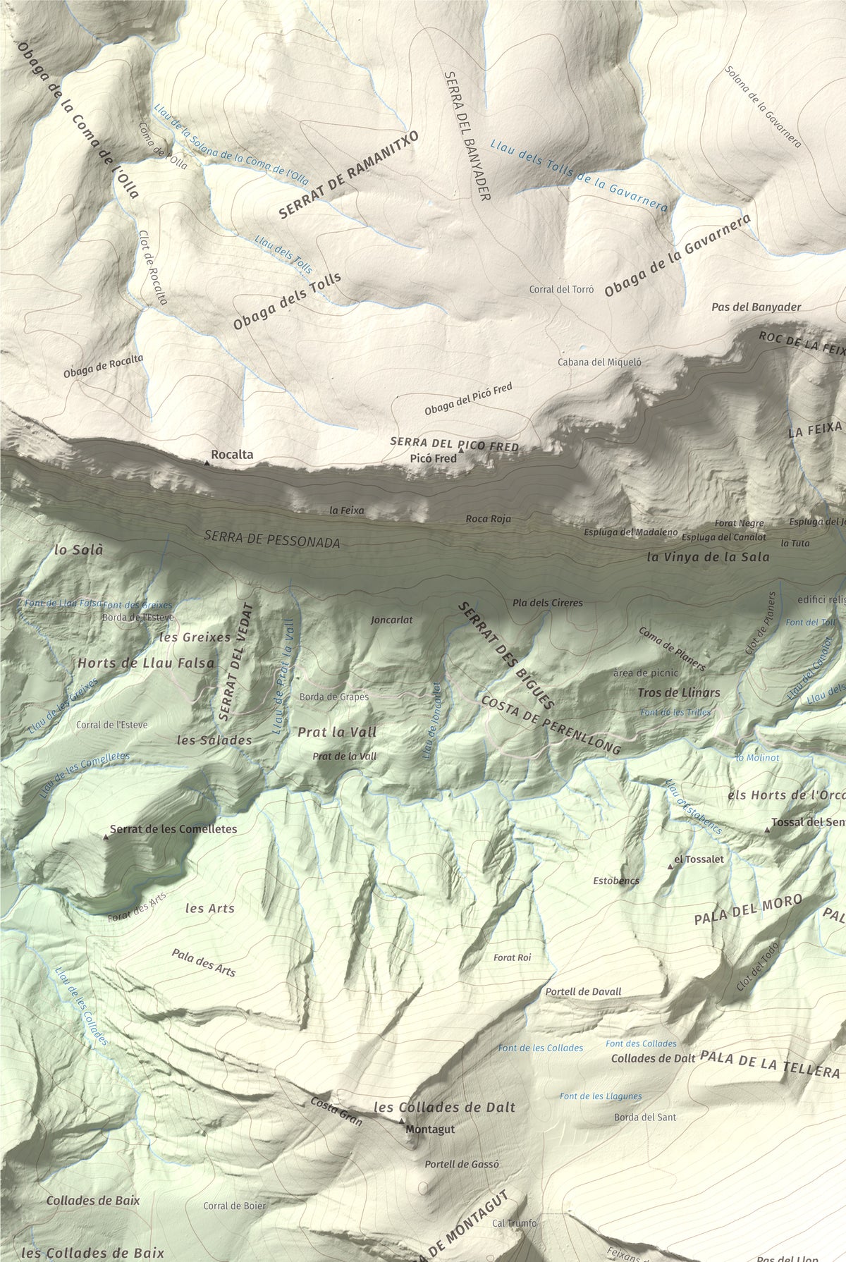 Mapa de relieve de Gallinova, 1687 m, Pallars Jussà, lámina 100 Cims de Trobart. Detalle de la zona superior izquierda. 61 × 91 cm.