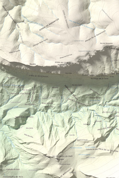 Mapa de relieve de Gallinova, 1687 m, Pallars Jussà, lámina 100 Cims de Trobart. Detalle de la zona superior izquierda. 61 × 91 cm.