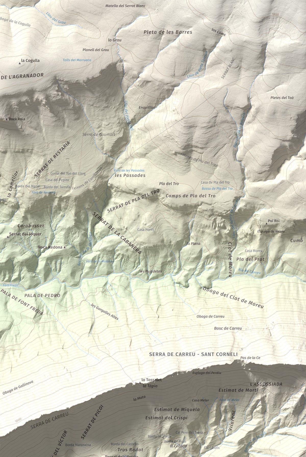 Mapa de relieve de Gallinova, 1687 m, Pallars Jussà, lámina 100 Cims de Trobart. Detalle de la zona superior derecha. 61 × 91 cm.
