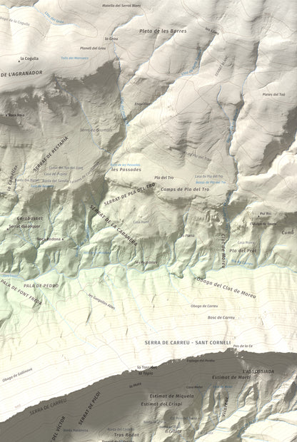 Mapa de relieve de Gallinova, 1687 m, Pallars Jussà, lámina 100 Cims de Trobart. Detalle de la zona superior derecha. 61 × 91 cm.