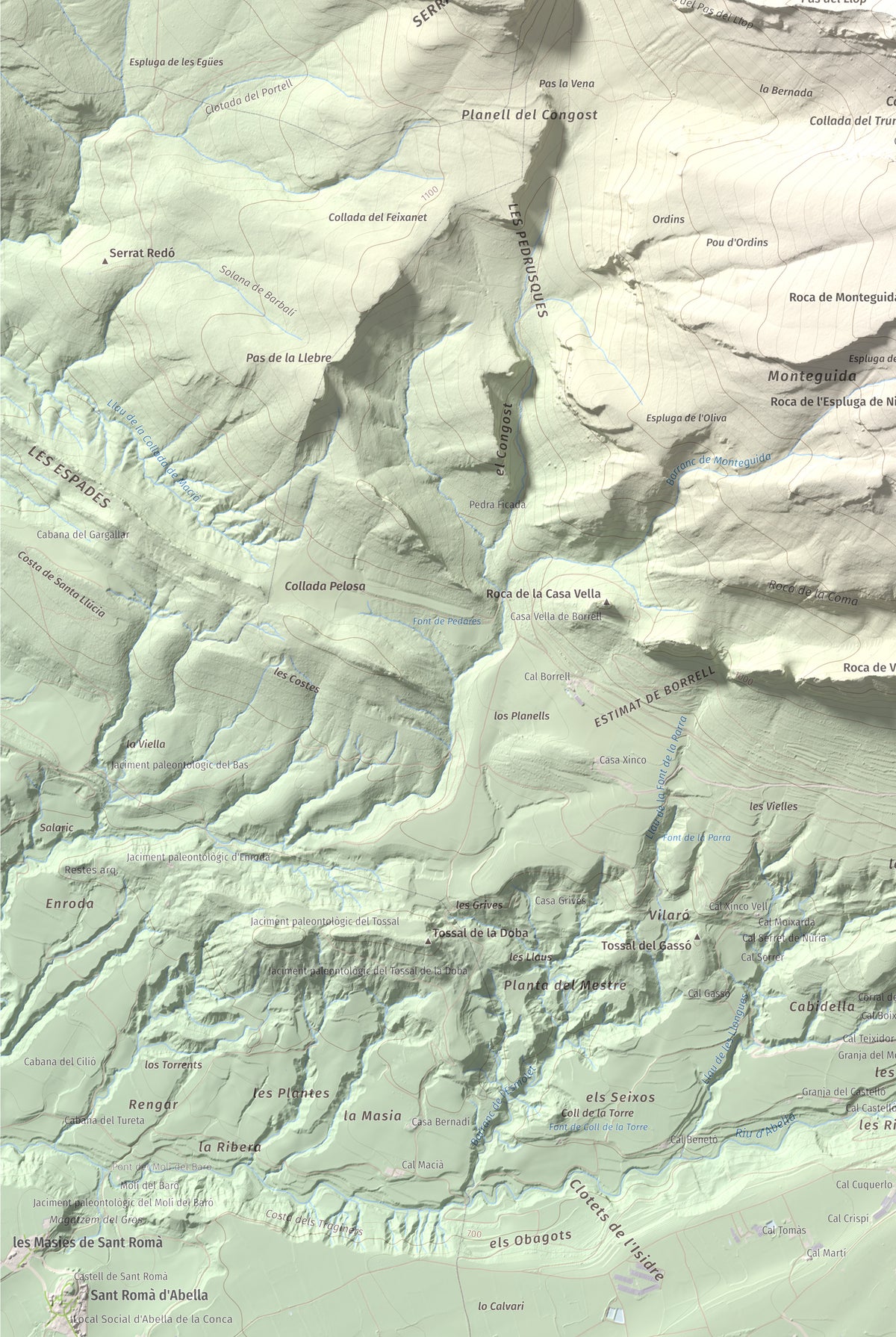 Mapa de relieve de Gallinova, 1687 m, Pallars Jussà, lámina 100 Cims de Trobart. Detalle de la zona inferior izquierda. 61 × 91 cm.