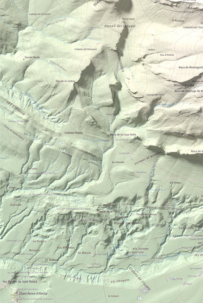 Mapa de relieve de Gallinova, 1687 m, Pallars Jussà, lámina 100 Cims de Trobart. Detalle de la zona inferior izquierda. 61 × 91 cm.