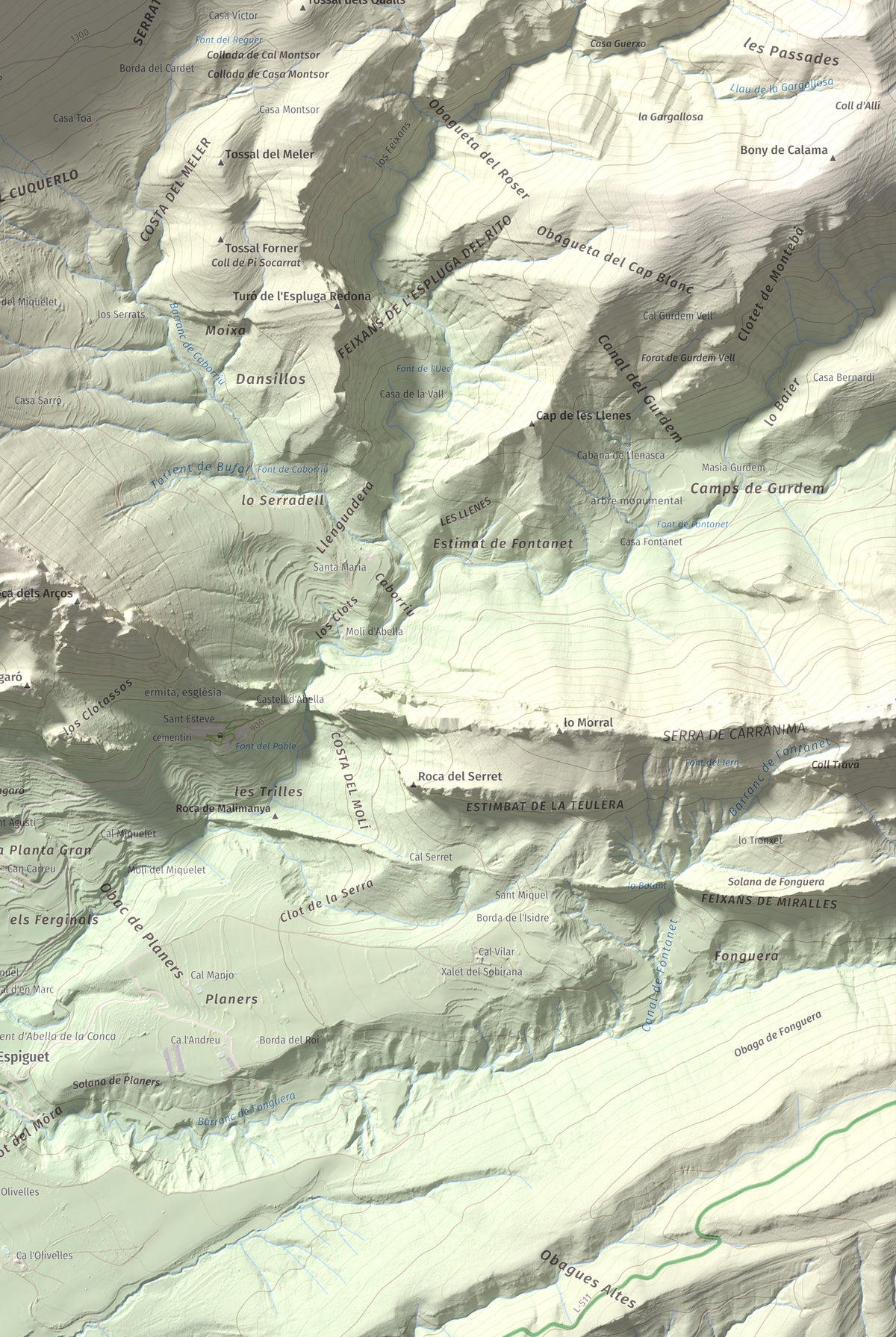 Mapa de relieve de Gallinova, 1687 m, Pallars Jussà, lámina 100 Cims de Trobart. Detalle de la zona inferior derecha. 61 × 91 cm.