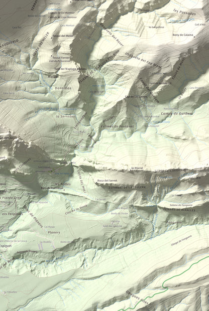 Mapa de relieve de Gallinova, 1687 m, Pallars Jussà, lámina 100 Cims de Trobart. Detalle de la zona inferior derecha. 61 × 91 cm.