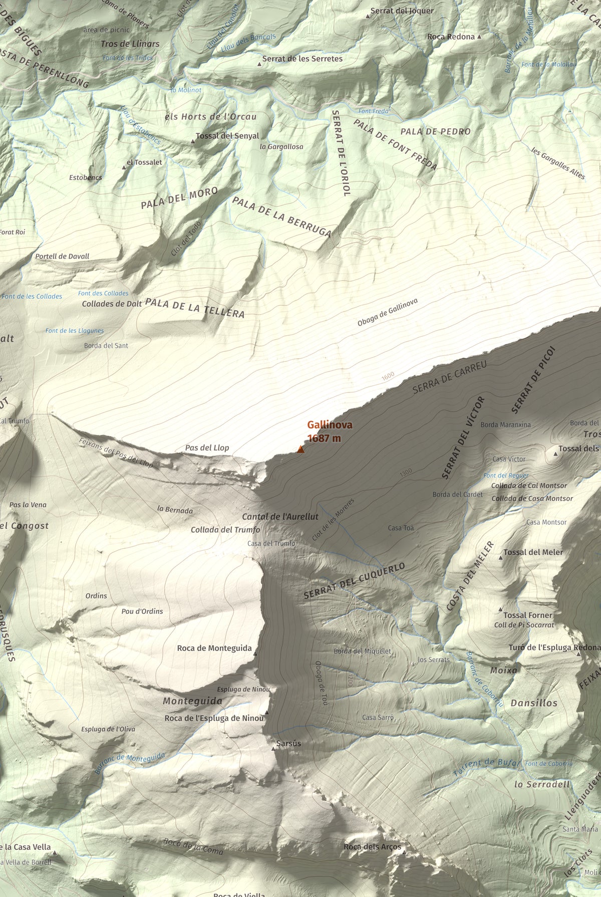 Mapa de relieve de Gallinova, 1687 m, Pallars Jussà, lámina 100 Cims de Trobart. Detalle de la zona central. 61 × 91 cm.