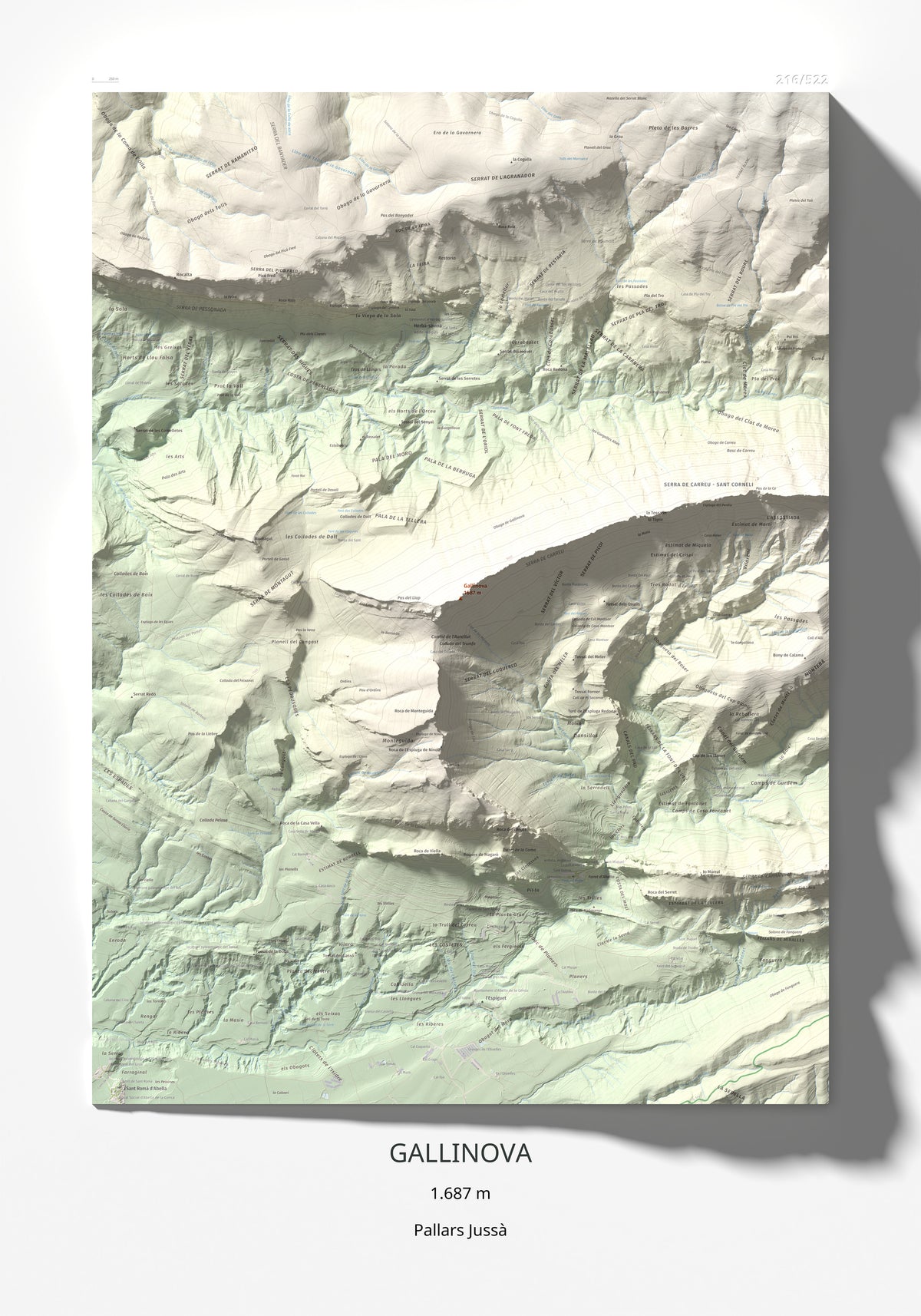 Mapa de relieve de Gallinova, 1687 m, Pallars Jussà, lámina 100 Cims de Trobart 70 × 100 cm.