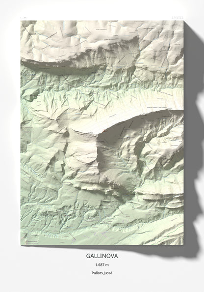 Mapa de relieve de Gallinova, 1687 m, Pallars Jussà, lámina 100 Cims de Trobart 70 × 100 cm.