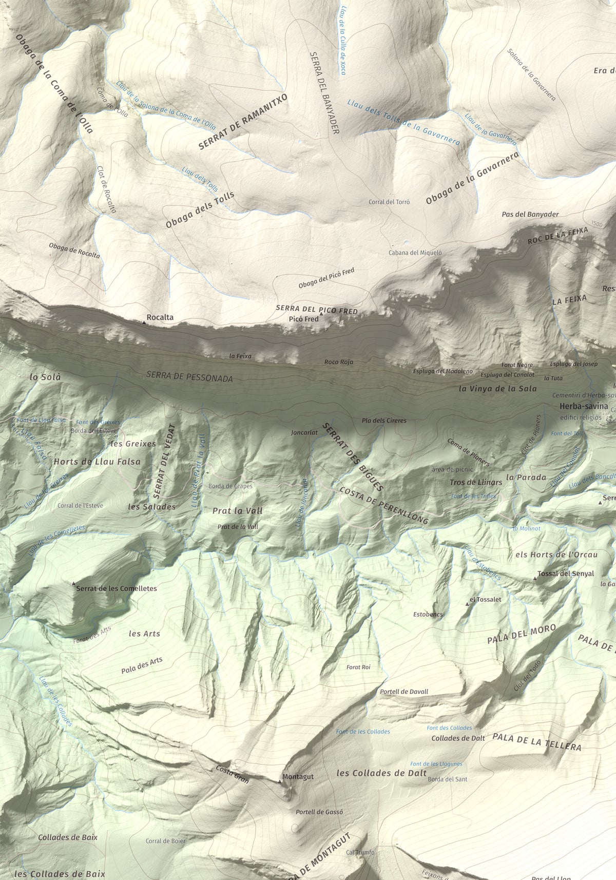 Mapa de relieve de Gallinova, 1687 m, Pallars Jussà, lámina 100 Cims de Trobart. Detalle de la zona superior izquierda. 70 × 100 cm.