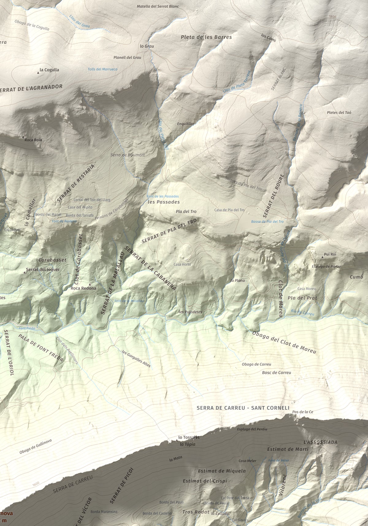 Mapa de relieve de Gallinova, 1687 m, Pallars Jussà, lámina 100 Cims de Trobart. Detalle de la zona superior derecha. 70 × 100 cm.