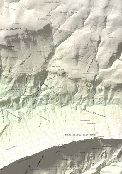 Mapa de relieve de Gallinova, 1687 m, Pallars Jussà, lámina 100 Cims de Trobart. Detalle de la zona superior derecha. 70 × 100 cm.
