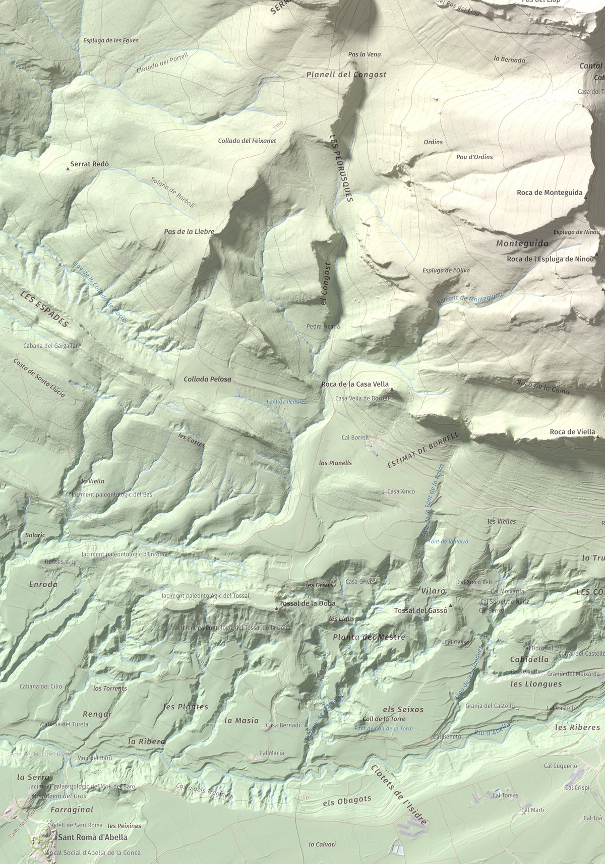 Mapa de relieve de Gallinova, 1687 m, Pallars Jussà, lámina 100 Cims de Trobart. Detalle de la zona inferior izquierda. 70 × 100 cm.