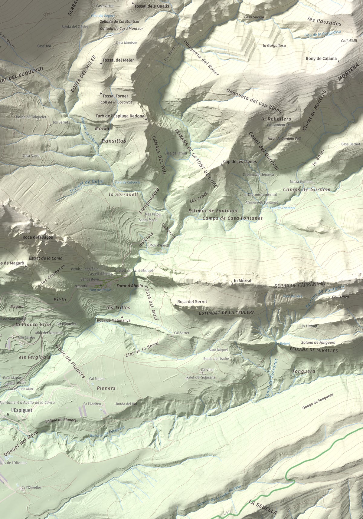 Mapa de relieve de Gallinova, 1687 m, Pallars Jussà, lámina 100 Cims de Trobart. Detalle de la zona inferior derecha. 70 × 100 cm.