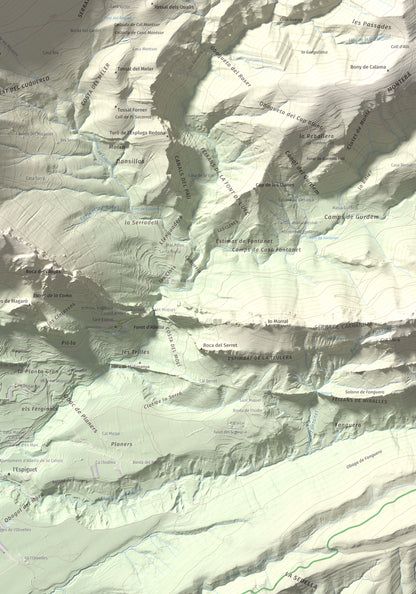 Mapa de relieve de Gallinova, 1687 m, Pallars Jussà, lámina 100 Cims de Trobart. Detalle de la zona inferior derecha. 70 × 100 cm.
