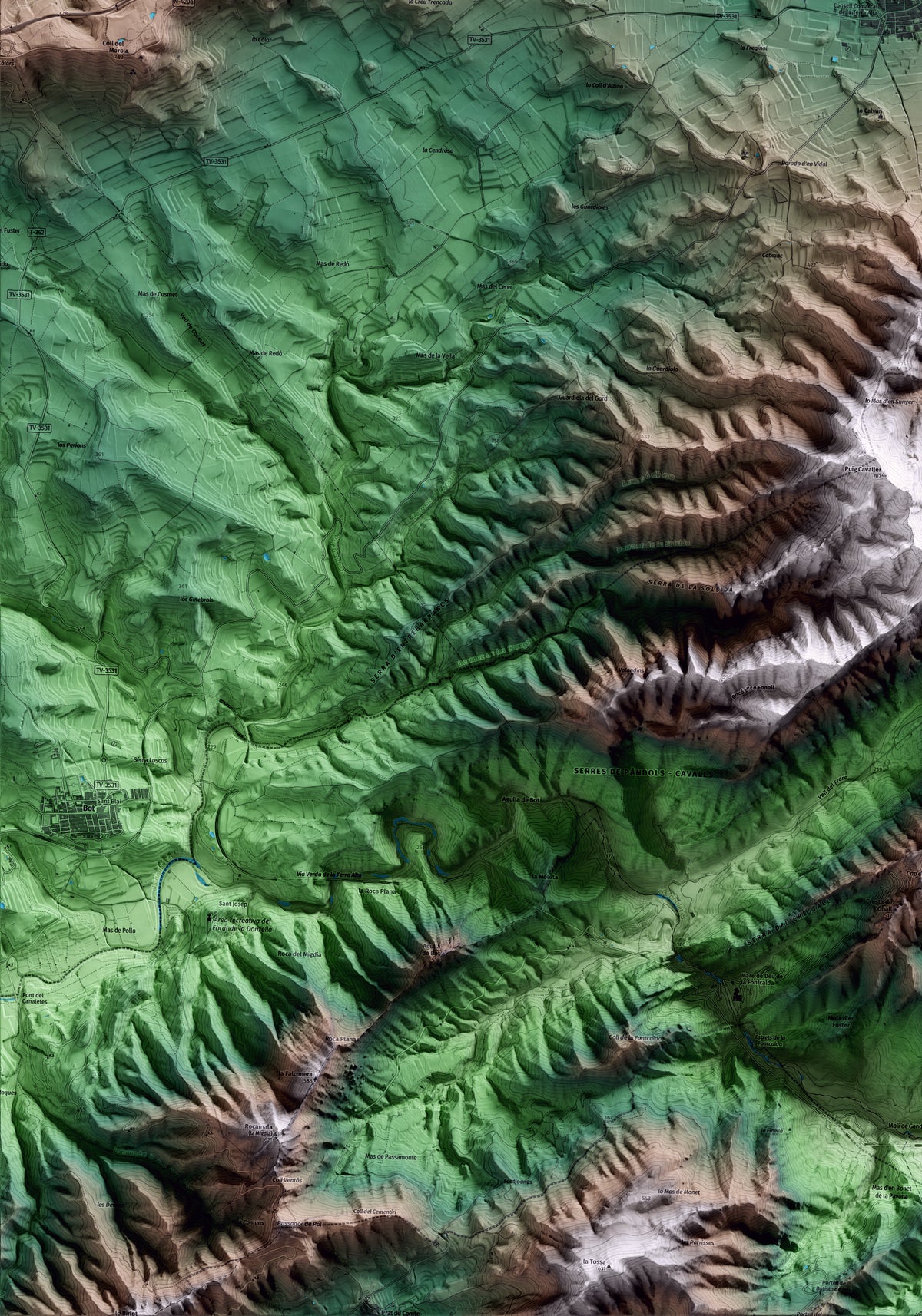 Mapa artístico del relieve de Gandesa, a la Terra Alta, con 15 km de entorno y base topográfica ICGC. Detalle de la zona inferior izquierda.