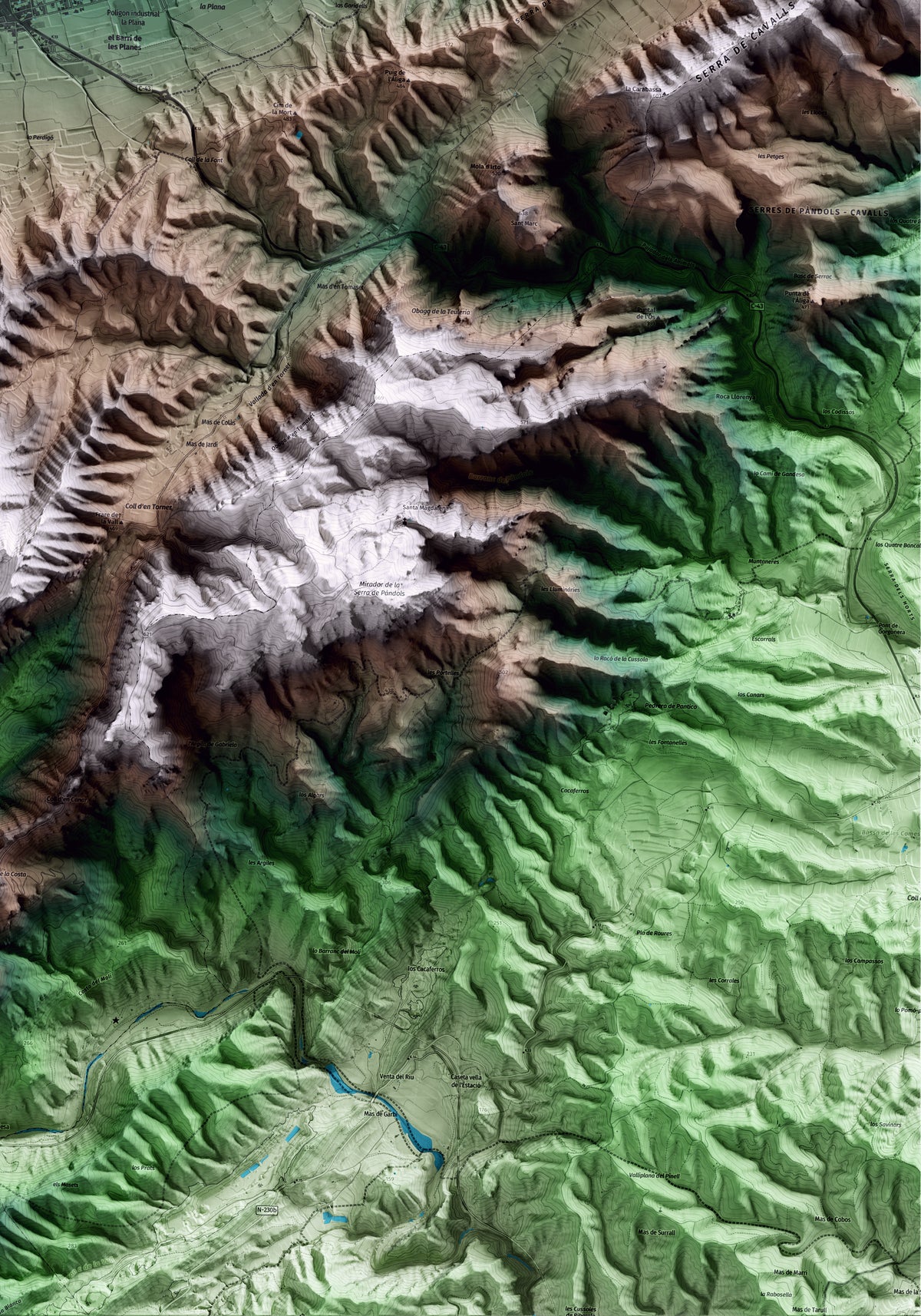 Mapa artístico del relieve de Gandesa, a la Terra Alta, con 15 km de entorno y base topográfica ICGC. Detalle de la zona inferior derecha.